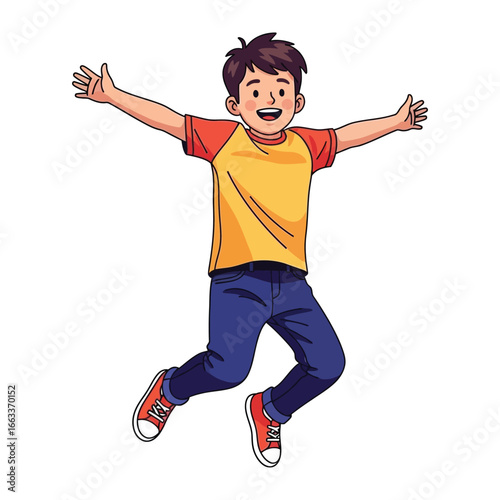 Jumping with Joy: A young boy, radiating pure glee, leaps joyfully into the air, his arms outstretched in a celebratory embrace. A vibrant illustration depicting the innocent bliss of childhood.