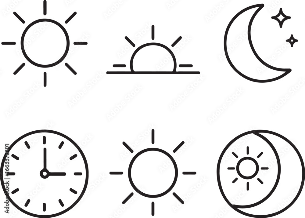 Obraz premium Celestial bodies and time icons set sunrise moon