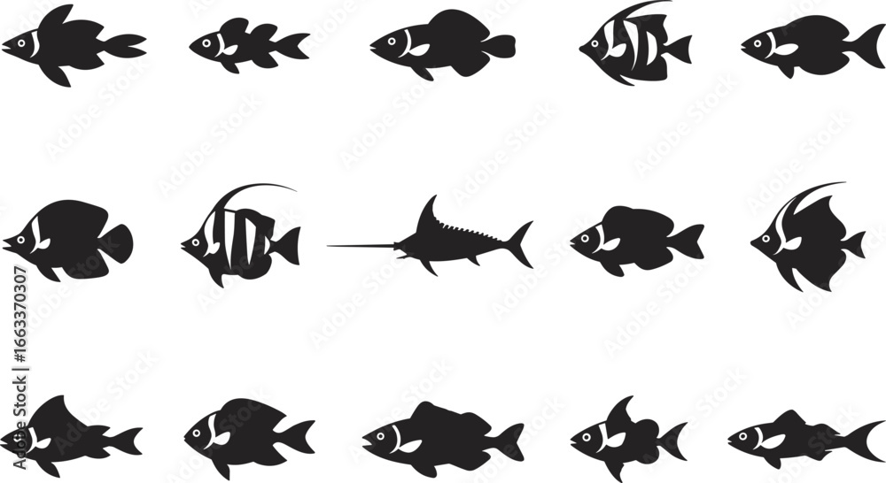 Naklejka premium Black fish silhouette vector set, marine animal icons, ocean life illustration, aquatic wildlife design, underwater creature collection, sea animal graphic elements