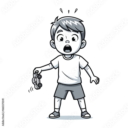 Shock and Surprise: A young boy in shorts and tee, cartoonishly animated, gazes with wide-eyed wonder and dismay as he drops a toy car. Perfect for depicting childhood astonishment.
