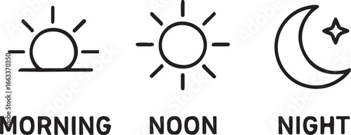 Morning noon and night icons with text moon
