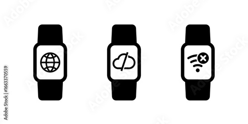 disconnect from server or cloud icons, no connection pictogram with smart watch on white