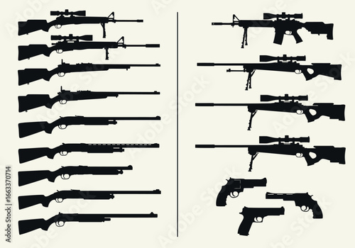 Collection of various rifle and handgun silhouettes showcasing diverse firearm designs and tactical configurations for military and civilian use