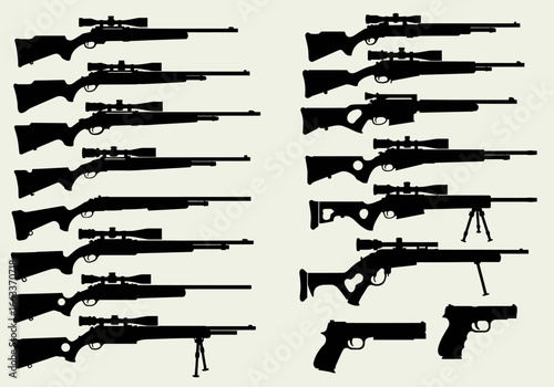 Collection of Various Hunting Rifles Sniper Rifles and Handguns Shown in Silhouette Format on a Light Background Representing Firearms and Shooting Sports
