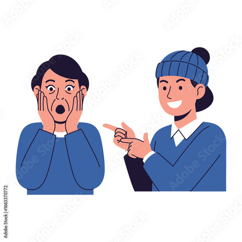 Oh My Goodness: A illustration that captures a moment of surprise and pointing from one person to the other that is a pure moment of incredulity and accusation.