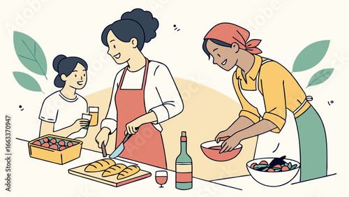 Three Women Preparing Food Together in a Kitchen Illustration.