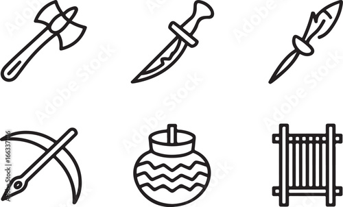 Collection of hand drawn primitive weapons and tools isolated on white background