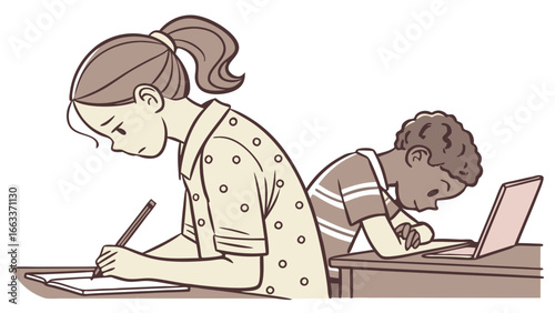 Two Children Concentrating on Studies at a Desk.