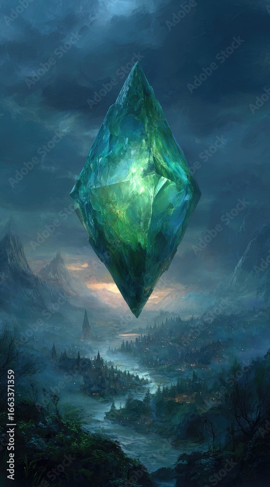 Obraz premium A luminous, green diamond-shaped crystal floats above a misty, quaint valley town at dusk, silhouetted against a brooding, twilight sky