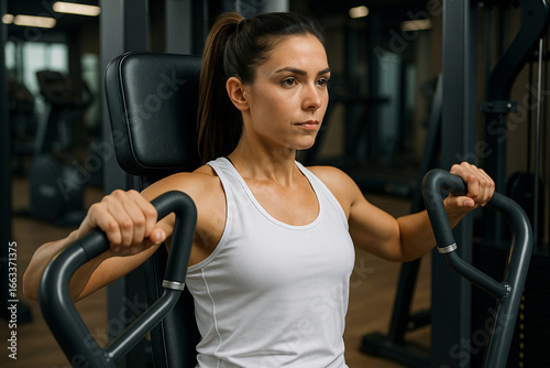 Focused woman training on chest press machine