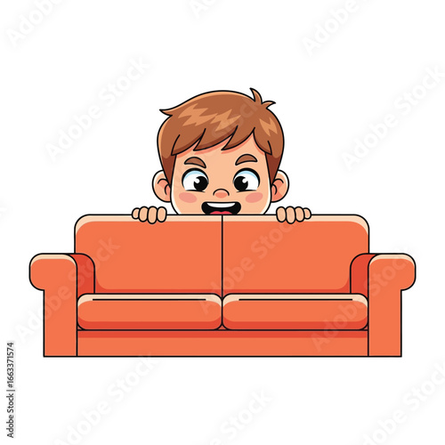Playful Peek-a-Boo: A cheerful child peeks over the back of a comfortable orange sofa, his eyes sparkling with mischief and fun, inviting viewers to join in the lighthearted playfulness of the moment.