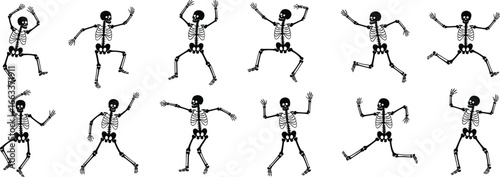 Dancing skeletons vector illustration, spooky Halloween skeleton clipart, animated bone characters, festive skeleton poses, eerie skeleton dance, fun Halloween design, white background