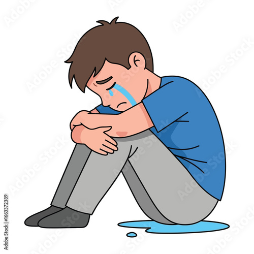 Sadness and Despair: A lonely young man sits alone, tears stream down his face in an illustration capturing intense feelings of heartbreak and loneliness.