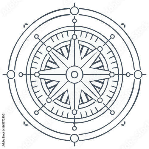 Detailed line art of a Compass Rose with circular design for direction and navigation