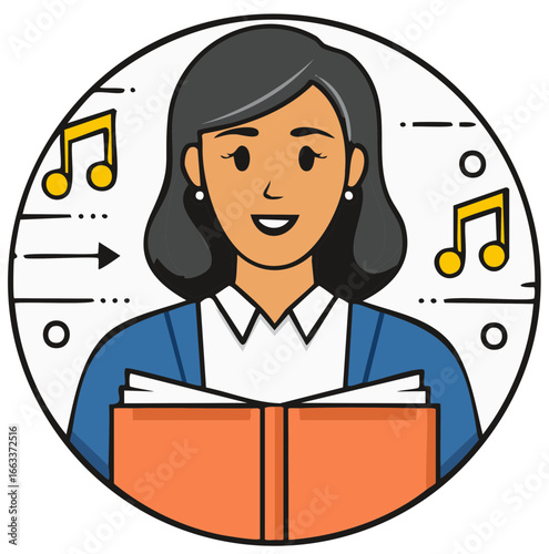 A smiling female music teacher or singer holds a songbook in a circular vector icon