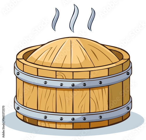 Wooden Hot Tub Cartoon with Lid and Steam Rising Outdoor Wellness Relaxation