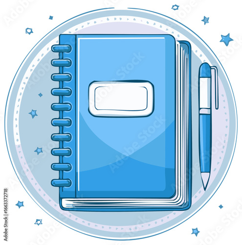 Illustration of a Closed Ringed Notebook with Pen for Writing and Note Taking in Blue Colors