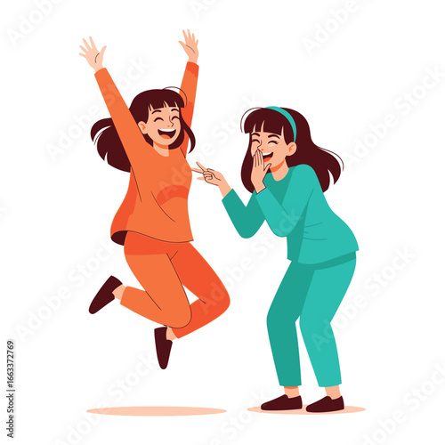  Joyful Sisters: In a vibrant illustration, two animated sisters celebrate a shared moment of pure happiness, their expressions radiating infectious glee.