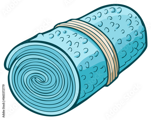 Blue rolled up mat or towel secured by a band illustration