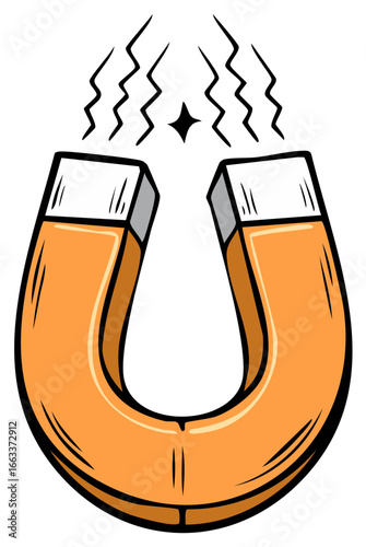Cartoon U-shaped magnet with magnetic field lines emanating from it, vector illustration for clip art and education.