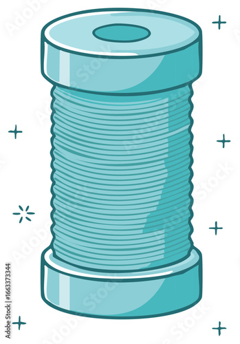 Turquoise thread spool with sparkles and plus signs representing sewing and crafting