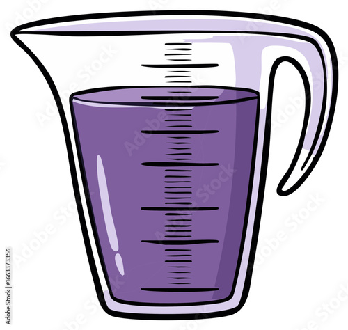 Hand drawn illustration of a kitchen measuring cup with purple liquid for recipes and cooking.