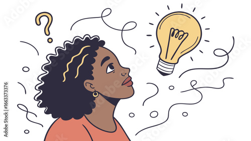 Young Black Woman Seeking Inspiration Idea Lightbulb.