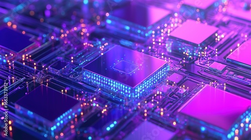Futuristic Purple Glowing Microchip on Circuit Board | Precision IC Design for AI Hardware Visualization / Semiconductor Education / IoT Device Display
