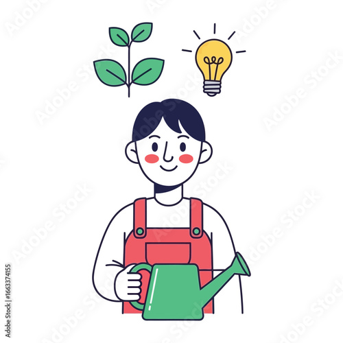 Cultivating Ideas: A graphic illustration of an individual nurturing ideas, symbolized by watering a plant and an illuminated lightbulb.