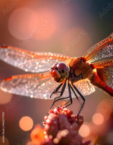 Close-up of a dragonfly resting on a flower