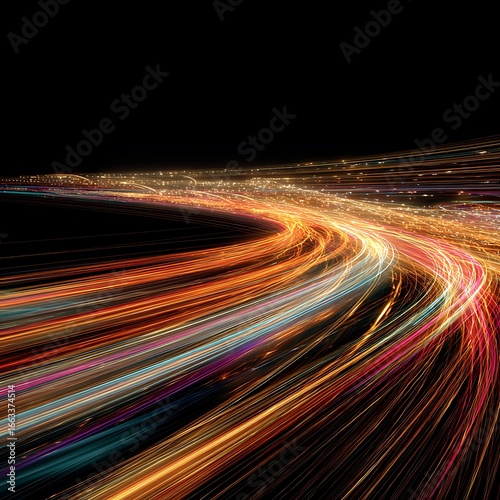 A striking image of light trails representing the flow of internet data, with colorful streaks moving quickly across a dark background.