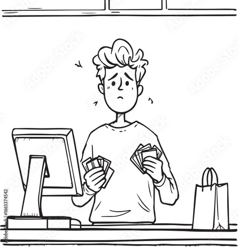 The Card Keeper — a moment of quiet multitasking in a retail ritual