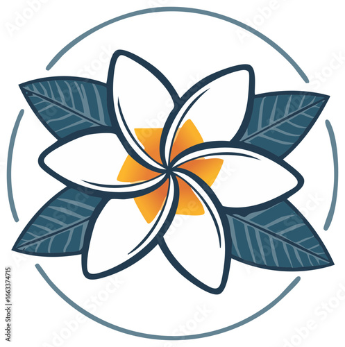 Exotic plumeria or frangipani flower logo with tropical leaves in a modern circular design