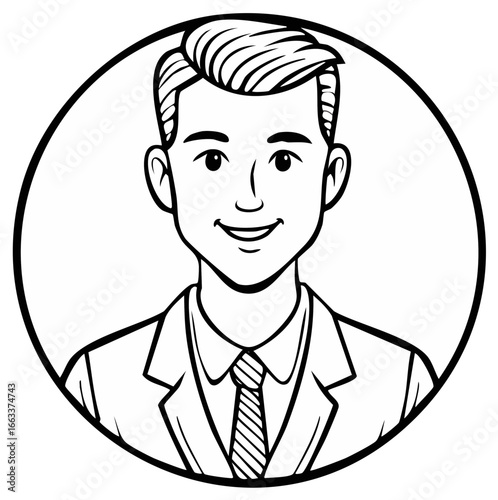 Smiling businessman portrait in a round frame, monochrome style.
