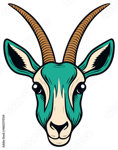 Graphic vector illustration of a stylized gazelle head with large horns for a modern logo or mascot