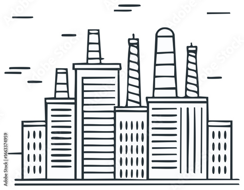 Hand drawn industrial zone illustration with factory buildings and smokestacks