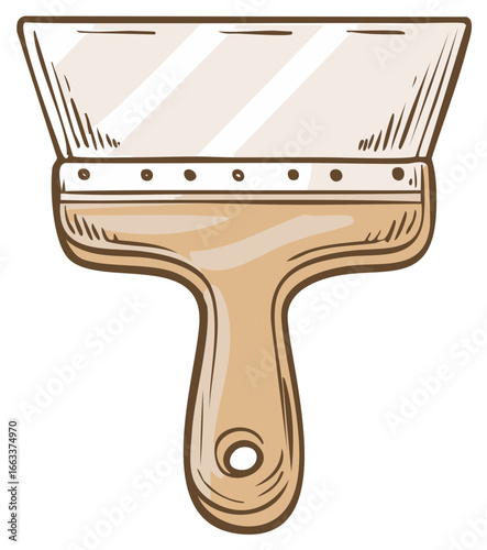 Hand drawn putty knife illustration of a construction scraper tool with a wooden handle for home improvement and repair