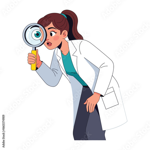 Intense Examination: A focused scientist scrutinizes an eye through a magnifying glass, embodying the essence of precision and scientific investigation.