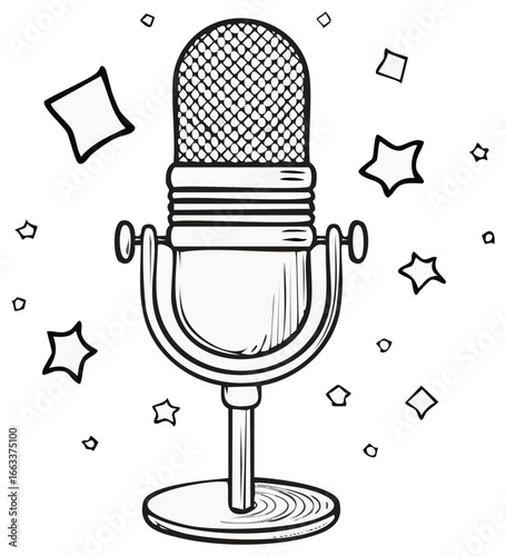 Artistic rendition of a vintage microphone with stylized elements in black and white, evoking retro audio technology aesthetics