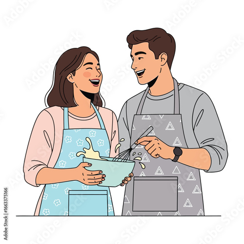 Cooking Couple in Kitchen: A delightful illustration captures a happy couple in the kitchen, joyfully engaged in a culinary activity, embodying the warmth of a shared moment.