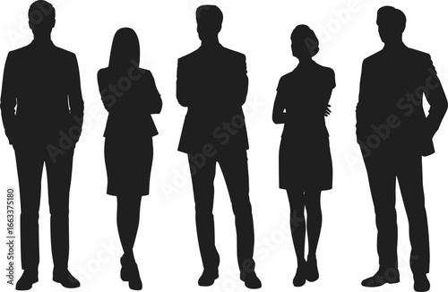 Business Team Flat Vector Illustration – Five Professional Silhouettes in Front and Side View, Standing Poses, Team Concept and Identity Design CAD Layout