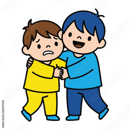 Friendly Support: Capturing a heartwarming scene of a supportive gesture, one child offers comfort and encouragement to another in this illustration.