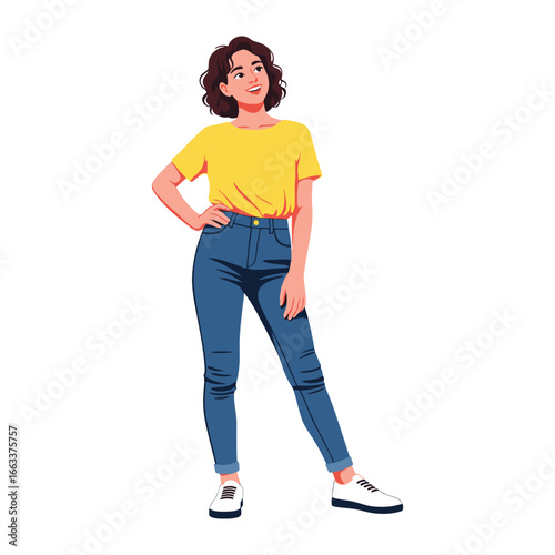 Confident Outlook: A poised young woman gazes upward with a hopeful expression, dressed in casual attire, embodying optimism, illustrated in a crisp style. 
