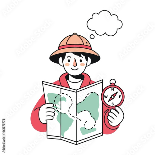 Explorer's Journey Begins: An adventurer with a map and compass, symbolizing exploration, travel, and the excitement of charting new paths. A call to wanderlust.