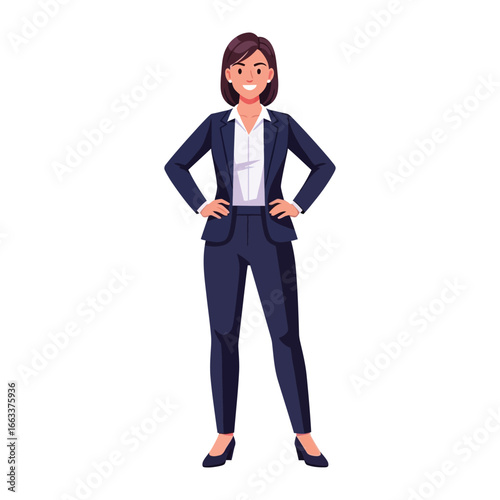 Businesswoman Confident Standing: A modern businesswoman stands poised in a stylish suit, her posture radiating confidence and professionalism. A visual symbol of contemporary workplace success.