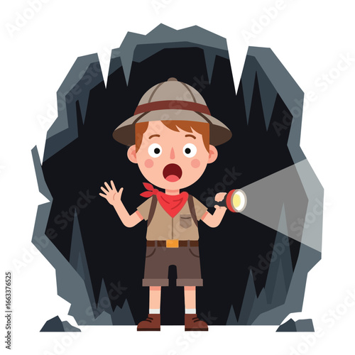 Adventurous Explorer in a Mysterious Cave: A young explorer, flashlight in hand, ventures boldly into a dark cave. This illustration depicts the thrill of discovery.