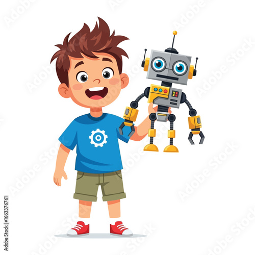 Enthusiastic Young Engineer: A youthful innovator proudly displays his creation, a charming robot, exuding the boundless possibilities of technological exploration and the magic of childhood.