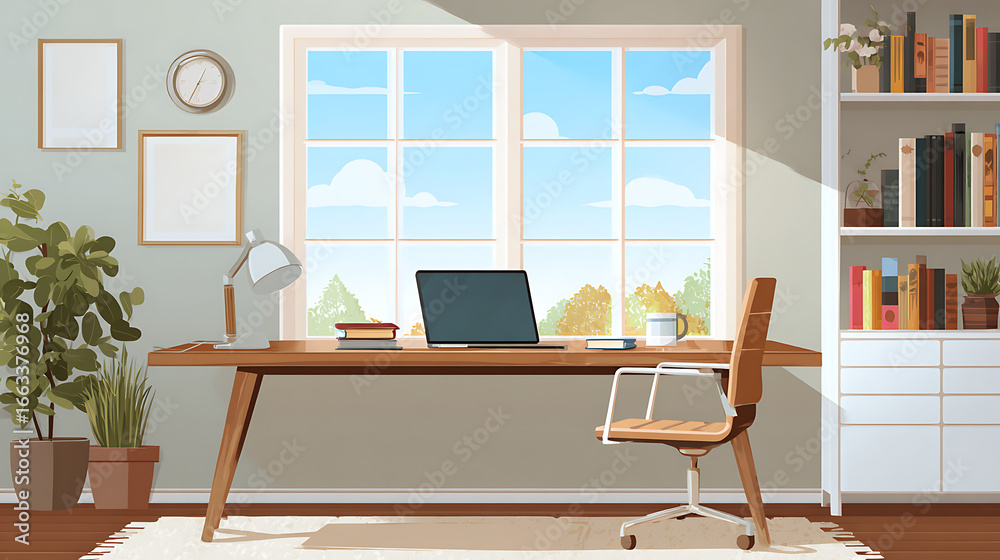 Fototapeta premium A home office with an open laptop on a desk next to a large window (2)