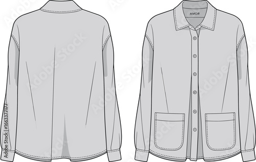 Button-Up Shirt Flat Vector Illustration – Long Sleeve Design with Double Chest Pockets, Pointed Collar and Fashion Garment CAD Sketch Layout