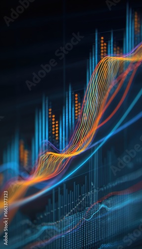 Abstract digital rendering of flowing, luminous blue and orange data lines forming dynamic upward trending charts against a dark background